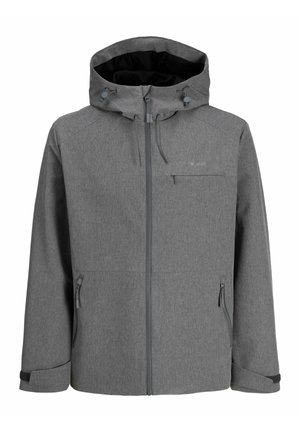 Pánská šedá mikina s kapucí, předním zipem, nastavitelnými stahovacími šňůrkami, zipovými kapsami na hrudi a bocích a suchými zipy na zápěstích.