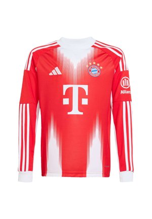 Maglia da calcio rossa a maniche lunghe con accenti bianchi, un design a gradiente e strisce verticali sulle maniche. Include logo e stampa dello sponsor.
