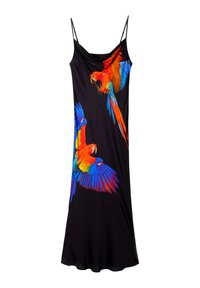 Abito nero con spalline sottili, caratterizzato da stampe di pappagalli colorati in rosso, arancione, blu e verde. Tessuto morbido e leggero, vestibilità slim.