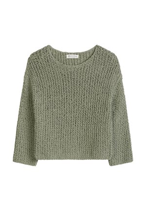 Pull vert clair à manches longues en maille lâche avec un col rond et un motif texturé tissé, présenté sur un fond blanc.
