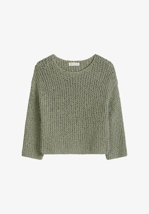 Jasnozielony, luźny sweter z długim rękawem o okrągłym dekolcie i tkanym, teksturowanym wzorze, przedstawiony na białym tle.