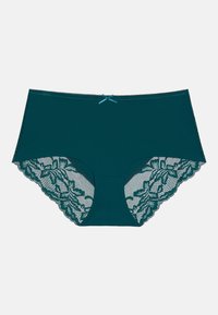 Teal blonde og mesh hipster undertøy med blomstret blonde bakside og en satengsløyfe foran, samt et glatt frontpanel.