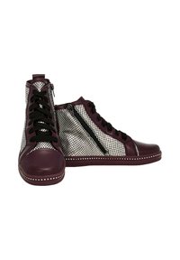 Wysokie sneakersy z bordowym syntetycznym skórzanym czubkiem i piętą, czarną siateczką po bokach oraz kontrastującymi czarnymi sznurówkami. Posiadają ozdobne srebrne ćwieki.