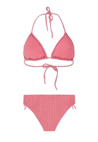 Roze bikini set koji se sastoji od trokutastog braleta s podesivim vezicama i prugastih gaćica sa bočnim vezicama, izrađen od glatkog materijala.