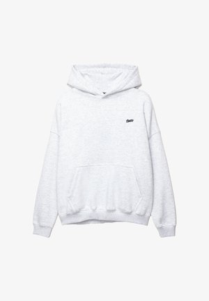 Light gray hooded sweatshirt made of soft fabric, featuring a front pocket and a small embroidered logo on the left chest.