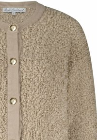 Beige textuur wol cardigan met ronde hals, een knoopsluiting aan de voorkant met vier goudkleurige knopen en een klein stoffen label aan de binnenkant.