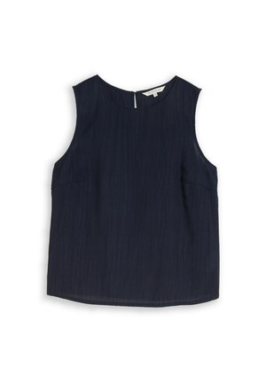 Ärmellose dunkelblaue Bluse mit feiner vertikaler Struktur, rundem Ausschnitt und kleinem Knopfverschluss hinten.