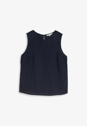 Ärmellose dunkelblaue Bluse mit feiner vertikaler Struktur, rundem Ausschnitt und kleinem Knopfverschluss hinten.