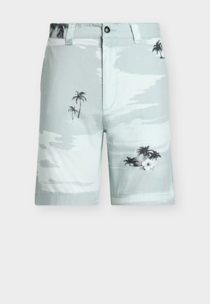 Ανοιχτό μπλε ανδρικό σορτς με τροπικό μοτίβο φοινικόδεντρων και λουλουδιών, με κουμπί μπροστά, φερμουάρ και θηλιές για ζώνη.