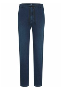Pantalons en denim bleu foncé avec une coupe décontractée, dotés d'une taille élastique, d'un cordon de serrage ajustable et de jambes fuselées.