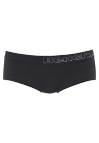 Boxers en coton noir de type hipster avec une large ceinture élastique affichant "Bench." en lettres grises. Texture lisse, sans motifs ni accents.