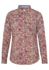 Chemise à manches longues boutonnée avec un motif cachemire et floral rouge, rose et jaune sur fond blanc.