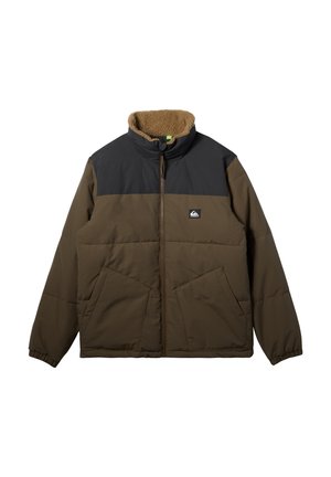Padded jacket in dark olive green with black horizontal panel, zip closure, high collar, and brown faux fur lining. Two front pockets.