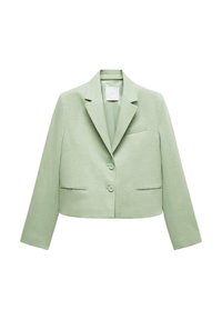 Cropped blazer in light green fabric with a notched collar, two buttons, side pockets, and a single chest pocket. Smooth texture.