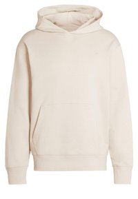 Neutral beige hoodie made of soft fabric, featuring a kangaroo pocket, ribbed cuffs and hem, and a small logo on the left chest.