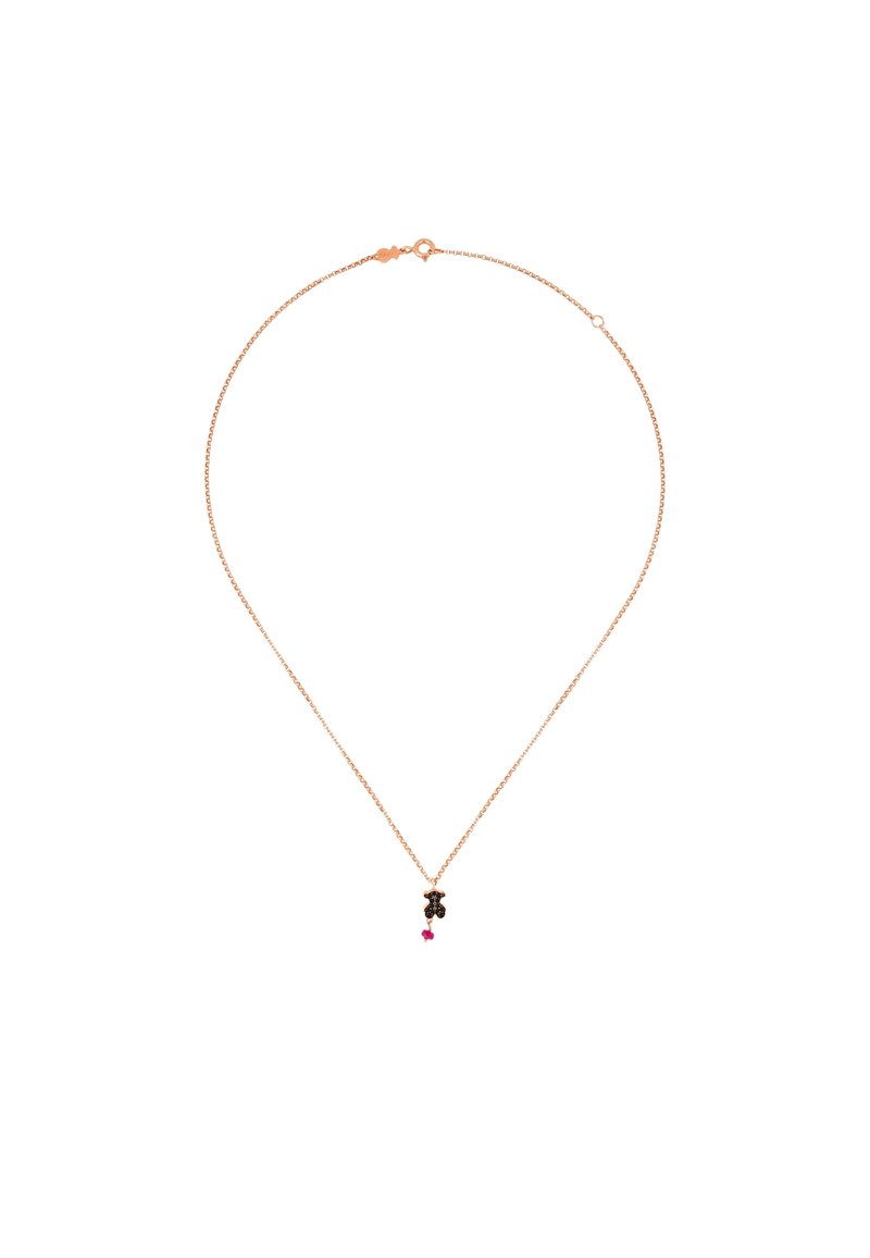 Collar de cadena de oro rosa con un pequeño colgante negro que presenta un acento rosa. Diseño simple, ligero y con una textura delicada.