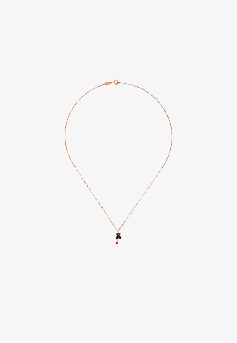 Collar de cadena de oro rosa con un pequeño colgante negro que presenta un acento rosa. Diseño simple, ligero y con una textura delicada.