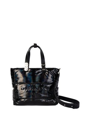 Black glossy tote bag with dual handles, detachable shoulder strap, and "GATTINONI ROMA" embossed on front panel.