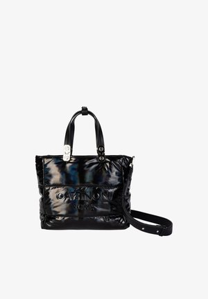 Sac cabas noir brillant avec doubles poignées, bandoulière amovible, et "GATTINONI ROMA" embossé sur le panneau avant.