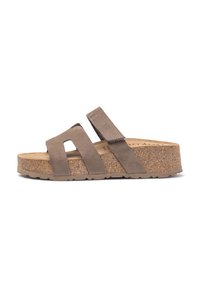 Sandalia deslizante de ante marrón con dos correas anchas, plantilla de corcho y suela de goma texturizada. Presenta un diseño abierto y costuras a contraste.
