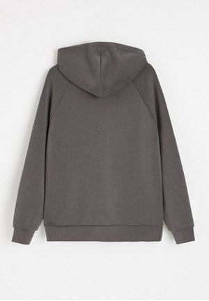 Szara bluza z kapturem o gładkiej fakturze, z raglanowymi rękawami i kieszenią kangurką. Posiada prosty, minimalistyczny design.