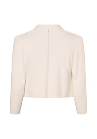 Suéter blanco corto con cuello, mangas largas y un detalle de costura central en la parte de atrás. Hecho de una suave tela de punto.