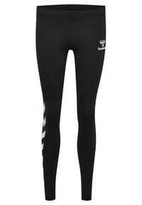 Czarne legginsy sportowe z białymi paskami w kształcie chevron na lewej nodze oraz białym logo na prawej biodrze.