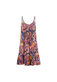 Robe sans manches à fleurs avec un ourlet évasé, présentant des motifs cachemire vibrants en orange, rose et bleu sur un tissu léger.