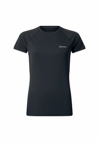 Schwarzes, kurzärmliges Sportshirt aus glattem, leichtem Material. Verfügt über einen Rundhalsausschnitt und ein kleines Logo auf der linken Brust.