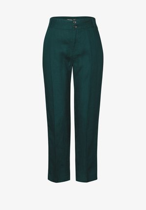 Pantaloni in lino verde con taglio dritto, dotati di due bottoni frontali e tasche laterali. Tessuto liscio e design su misura.