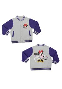 Giacca grigia e viola per bambini con il viso di Minnie Mouse davanti e Minnie Mouse sul retro con il testo "Questa ragazza può" e cuori colorati.