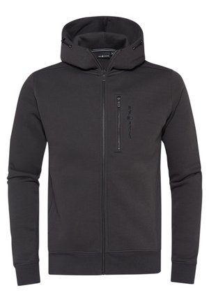 Černá mikina na zip s texturovaným povrchem, nastavitelnou kapucí a kapsou na zip na hrudi; obsahuje značkovou grafiku na přední straně.