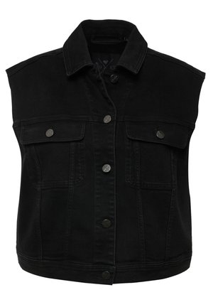 Černá denimová vesta s límečkem, bez rukávů a předním zapínáním na knoflíky. Má dvě náprsní kapsy se šedými knoflíky.