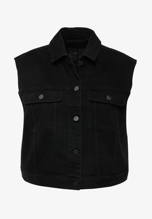 Schwarze Denim-Weste mit Kragen, ärmellosem Design und frontaler Knopfverschluss. Verfügt über zwei Brusttaschen mit metallischen Knöpfen.