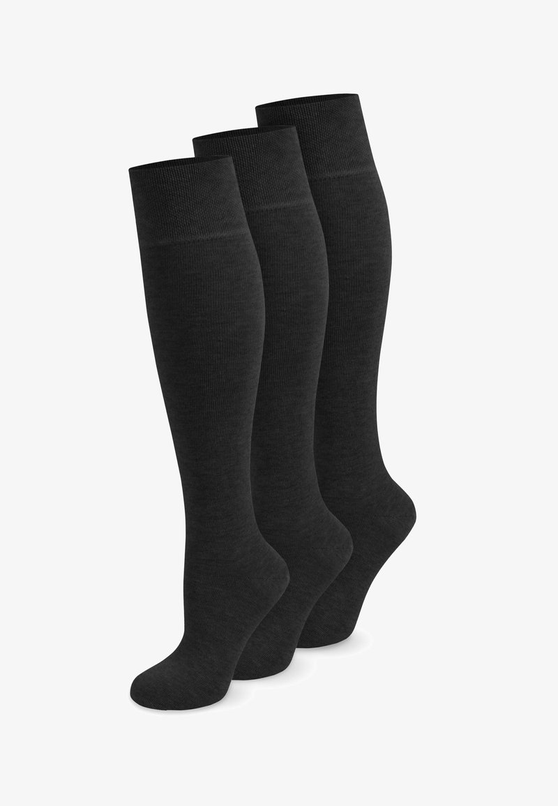 Drei Paar kniehohe Socken in Dunkelgrau, mit einer glatten Textur, gerippten Bündchen und einer verstärkten Zehenpartie für zusätzliche Haltbarkeit.