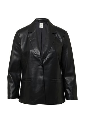 Schwarzer Lederblazer mit strukturierter Form, Revers mit Kerbe, einreihiger Knopfverschluss und zwei vordere Taschen. Glatte Textur, minimalistische Details.