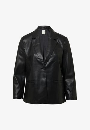 Blazer en cuir noir avec une forme structurée, des revers crantés, une fermeture à un bouton et deux poches avant. Texture lisse, détails minimalistes.