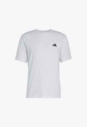 Wit katoenen T-shirt met korte mouwen en een ronde hals, met een klein zwart Adidas-logo op het linkerborstgebied. Gladde textuur, eenvoudig ontwerp.