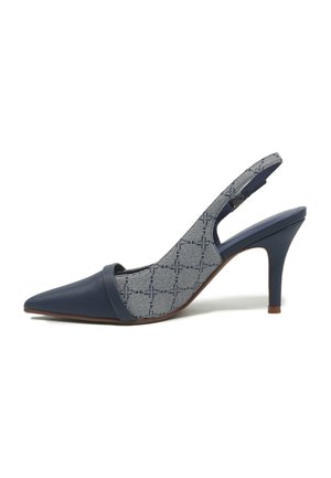 Navy blue pointed-toe slingback high heel shoe with patterned fabric sides and a slim stiletto heel.