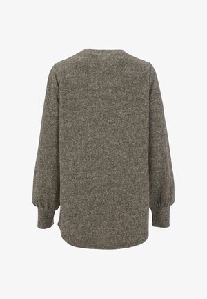 Strikket sweater i en dæmpet grå tone, med en rund halsudskæring og lange, puffede ærmer med elastiske manchetter. Blød tekstur og afslappet design.