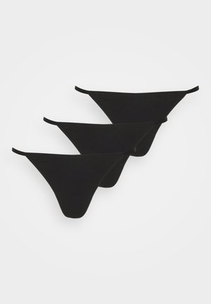 Black cotton thong underwear, three-pack, featuring thin straps and a classic cut, smooth texture, and no visible patterns or accents.