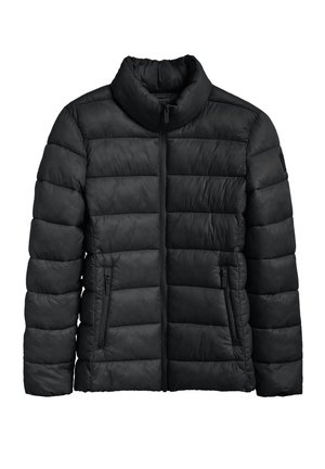 Giacca a vento nera con colletto rialzato, chiusura con zip e due tasche laterali. Design a trapunta con cuciture orizzontali, texture liscia.