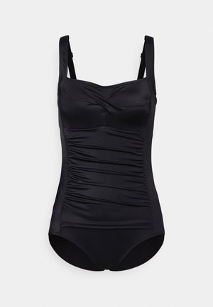 Traje de baño negro de una sola pieza con tirantes ajustables, textura fruncida en el torso y un diseño simple y suave. Tela suave y elástica.