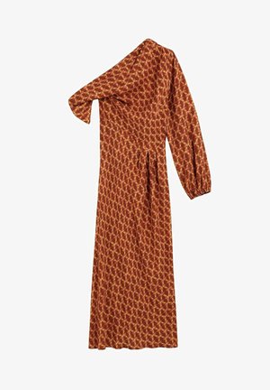 Langes, einseitiges Kleid aus braunem Stoff mit geometrischem Muster in helleren Tönen. Verfügt über eine lockere Passform und geraffte Ärmeldetails.