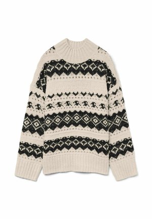 Pull en maille de couleur beige clair avec des motifs géométriques noirs. Il présente un col à côtes haut et des poignets et un ourlet à côtes.