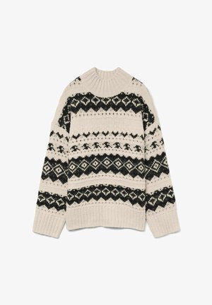 Kootud sviiter heledas beežis mustade geomeetriliste mustritega. Omab kõrget soonilist kaelust ja soonilisi manuste ning allääre ääres.