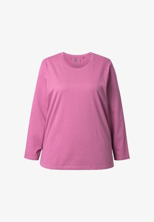 Koszulka z długim rękawem w jednolitym różowym kolorze, wykonana z miękkiej bawełny, z okrągłym dekoltem i luźnym krojem. Bez wzorów ani ozdób.
