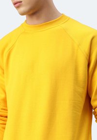 Gelbes Sweatshirt mit Rundhalsausschnitt, hergestellt aus einem weichen, strukturierten Stoff. Verfügt über Raglanärmel und einen lockeren Schnitt. Minimale Details.