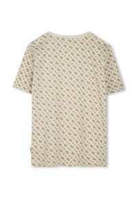 T-shirt in cream with a geometric tan pattern. Short sleeves, round neck, soft fabric, and a loose fit. Tag visible at the bottom left.