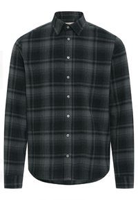 Black and grey plaid button-up shirt, crafted from soft fabric, featuring long sleeves, a classic collar, and rounded hem. Six buttons down front.